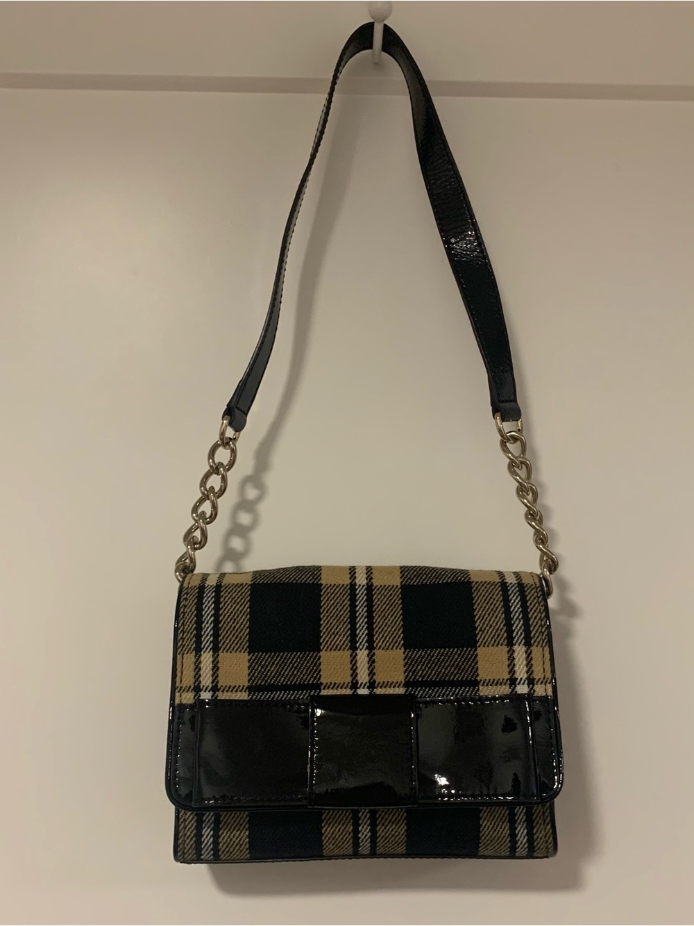 Kate Spade Black and Tan Plaid Fabric Shoulder Bag with Chain Strap